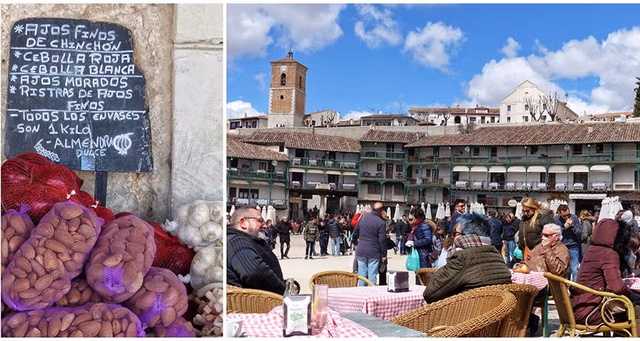 Plaza de Chinchón y puesto de almendras y ajos.